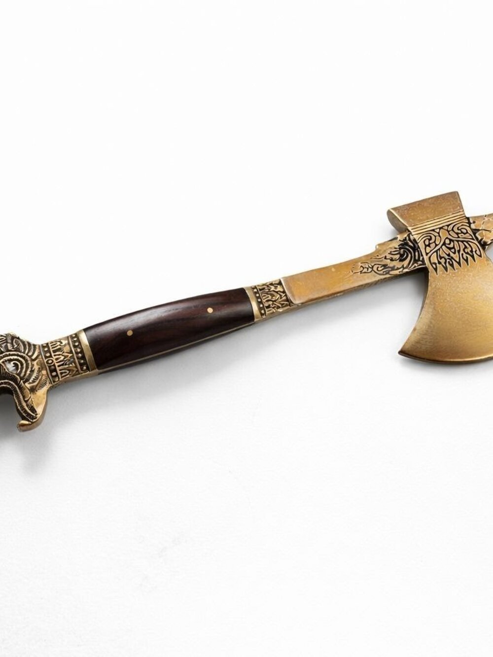 Handcrafted Vintage Brass & Wood Decorative Axe With Intricate Carvings - 7.5 In